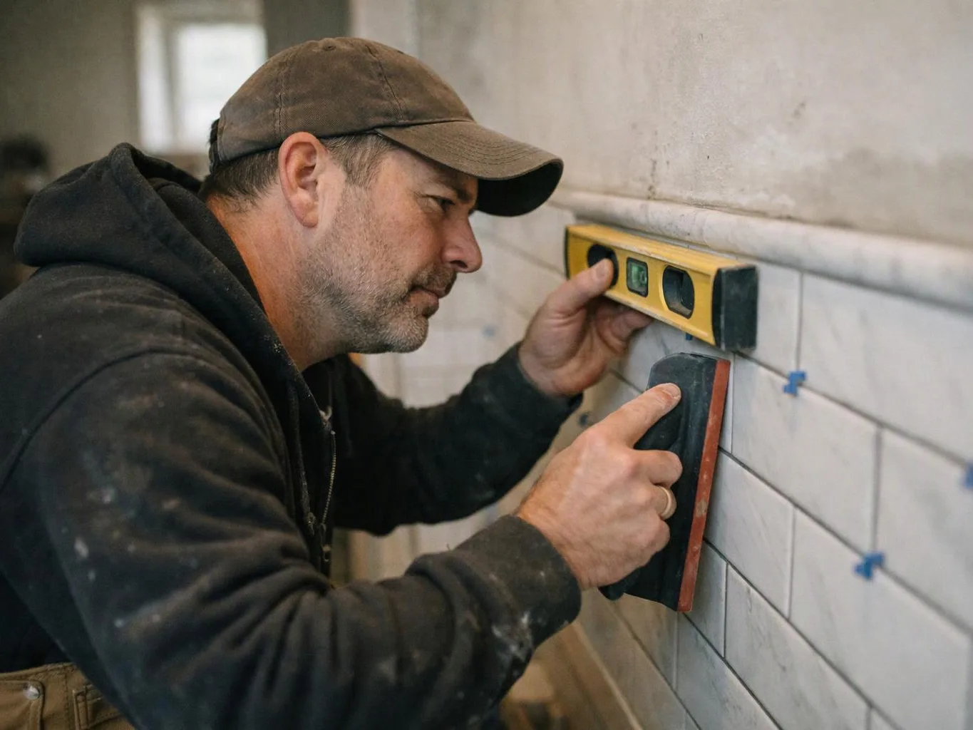 A man in a cap uses a level and trowel to set wall tiles inside a room