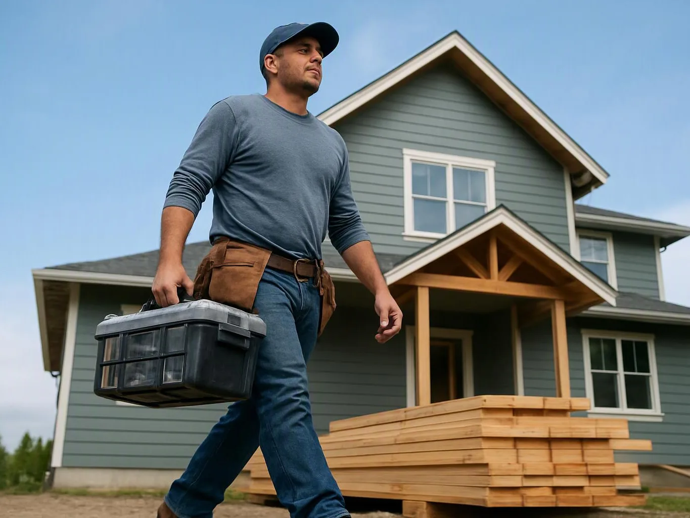 A man carries a toolbox past stacked lumber in front of a house under construction