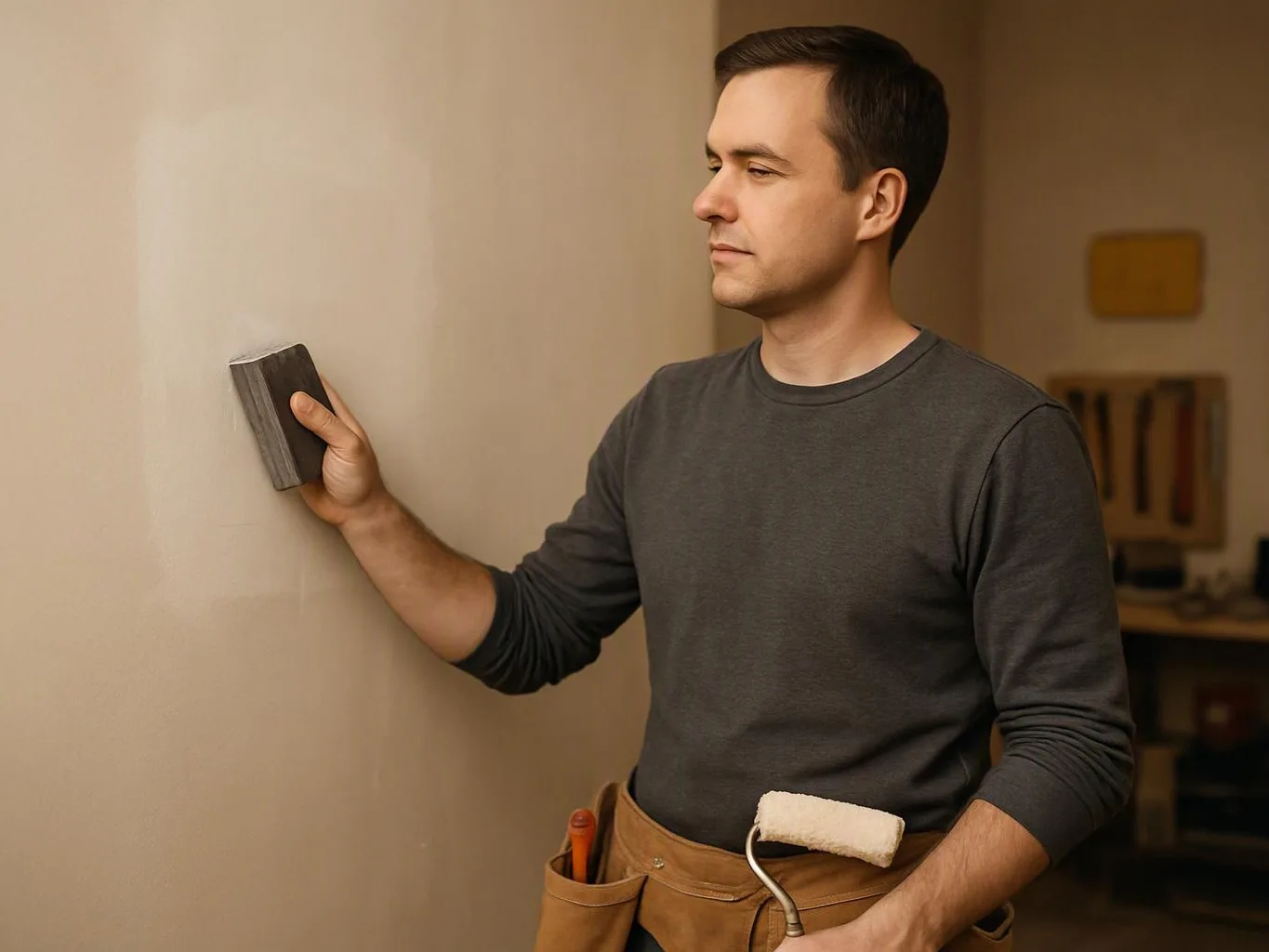 A man in a dark shirt sands a wall indoors while holding a paint roller in his tool belt