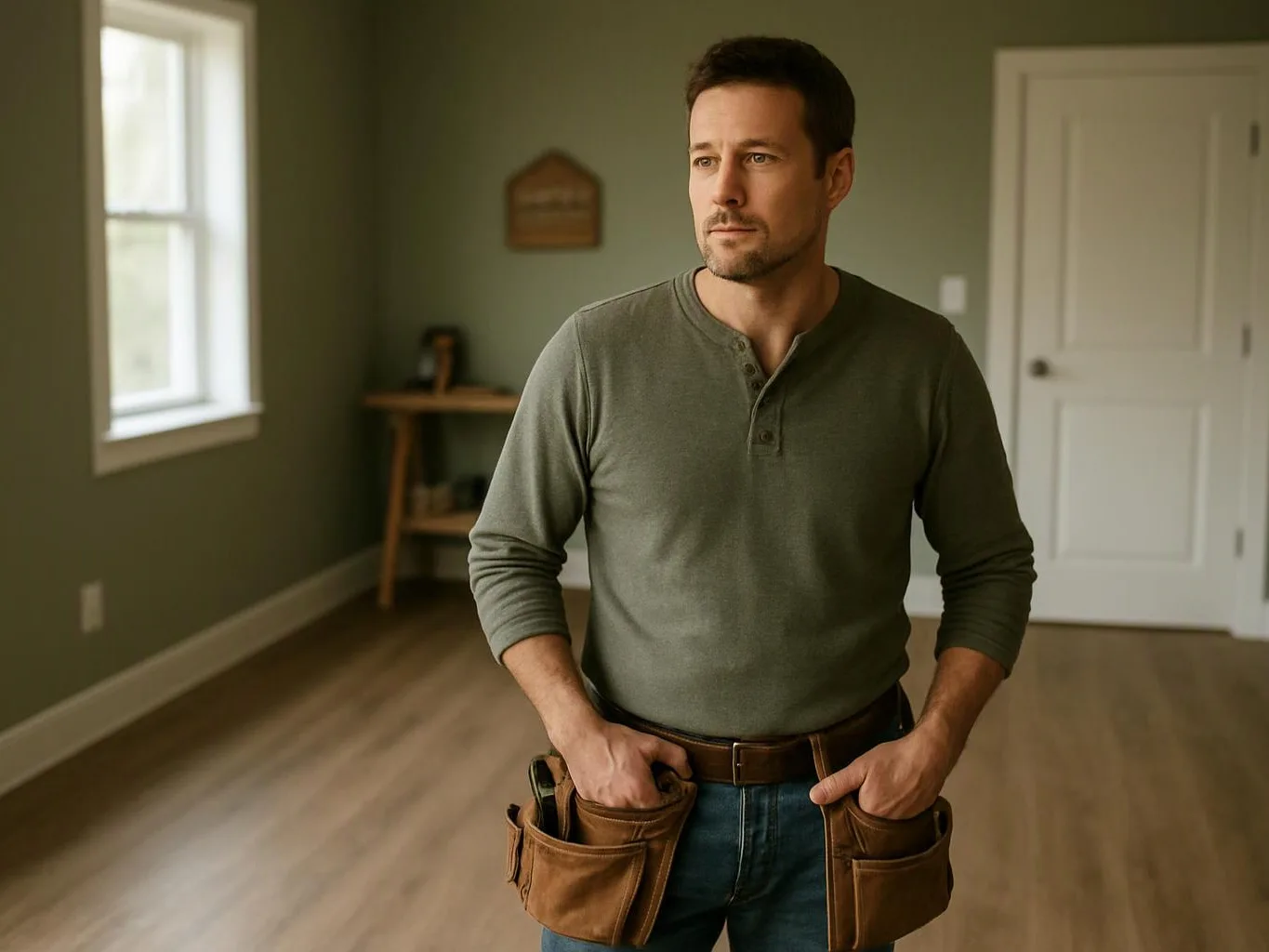 A man in a green shirt stands in an empty room with wood floors and a window