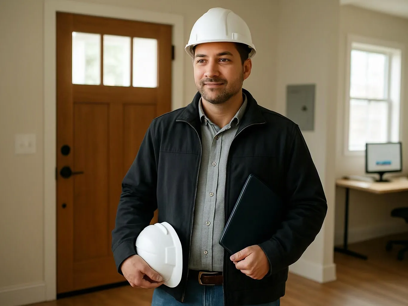 A man in a hard hat holds another helmet and a folder inside a bright room with a wooden door and desk