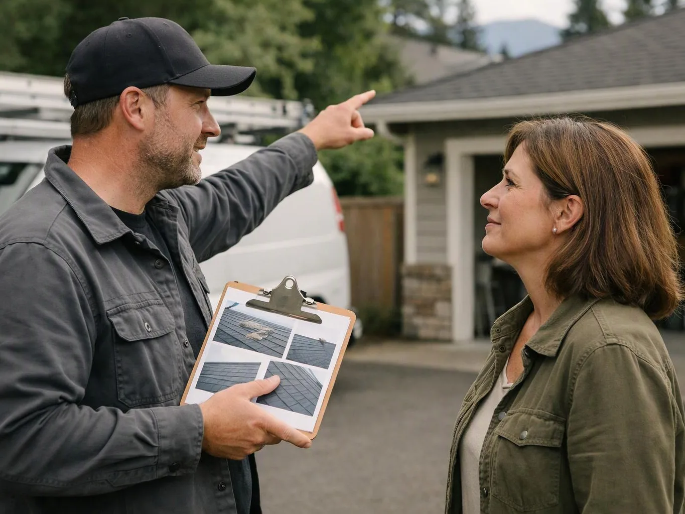 A man holding a clipboard points toward a house while speaking to a woman outside a driveway