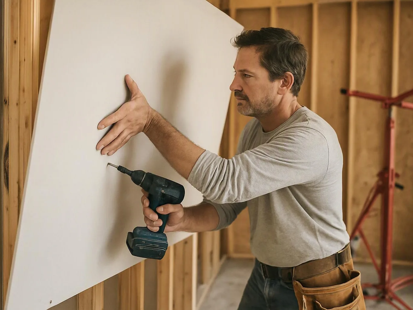 A man holds a drill and presses a large white board against framed wood walls in a construction space