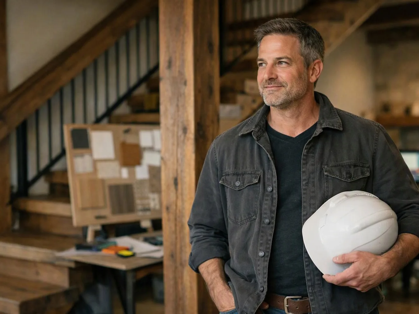 A man holds a white hard hat in a wood-paneled workshop with stairs and a cork board behind him