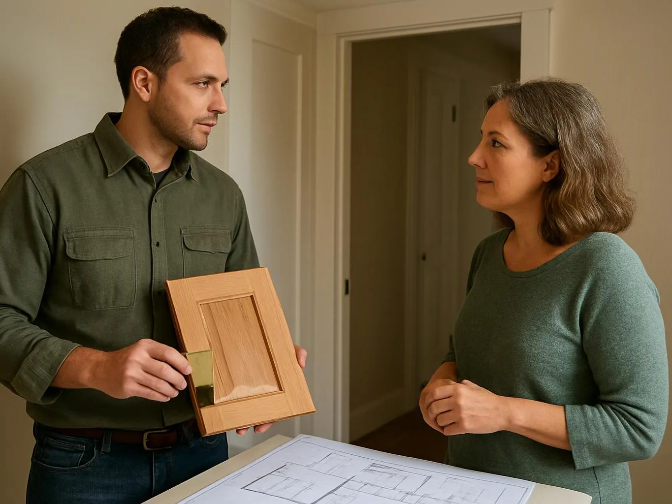 A man holds a wooden cabinet door while talking with a woman beside a table covered in floor plans