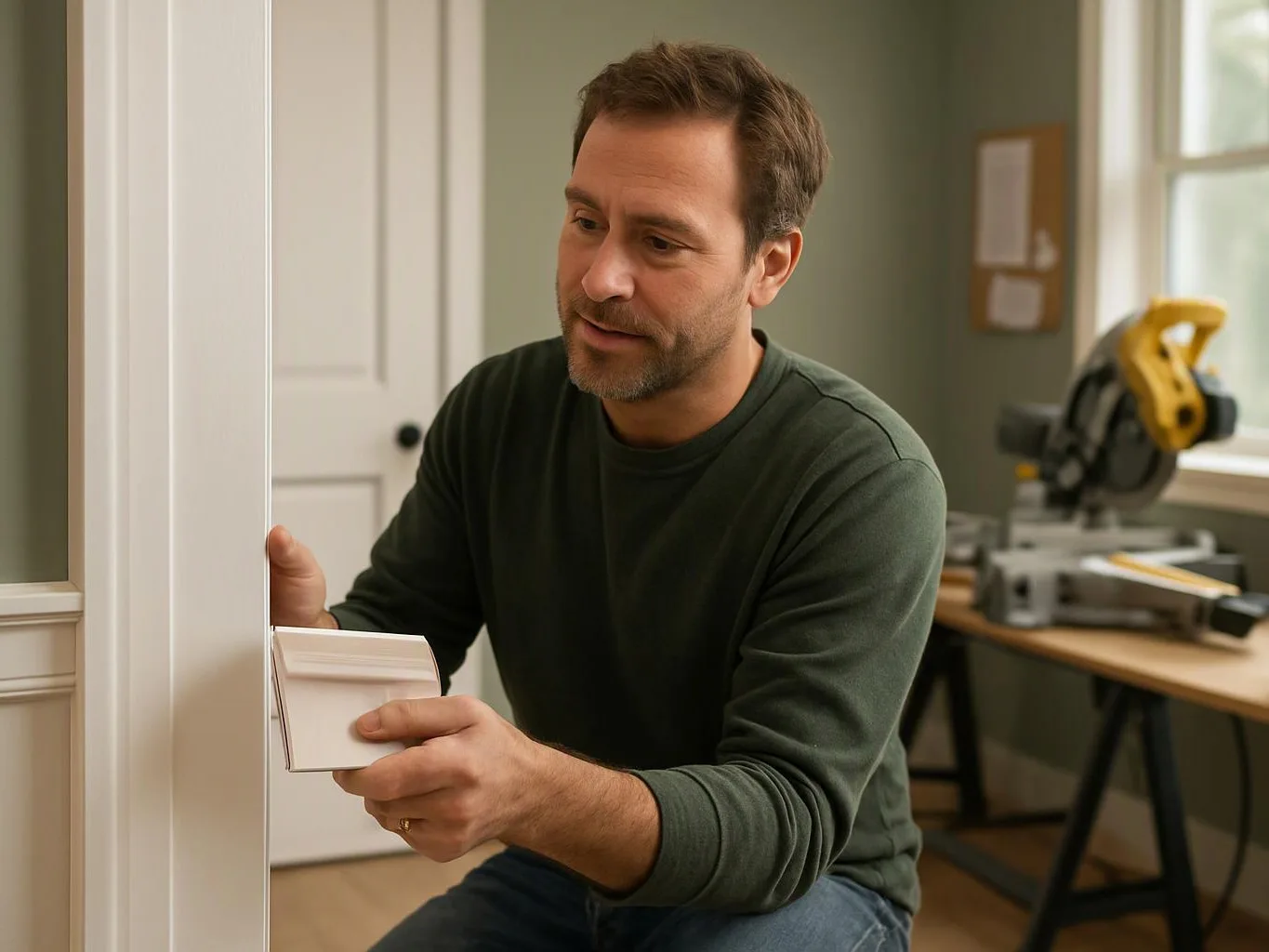 A man installs white trim on a wall in a bright room with a miter saw nearby