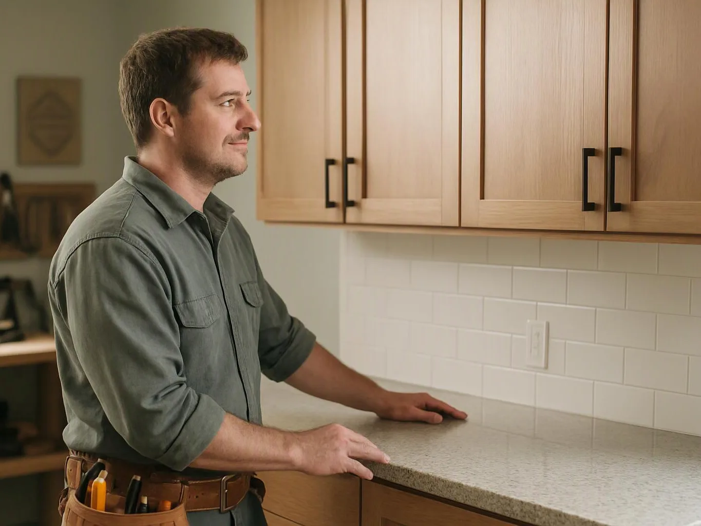 A man in a kitchen stands beside the counter and looks toward the cabinets