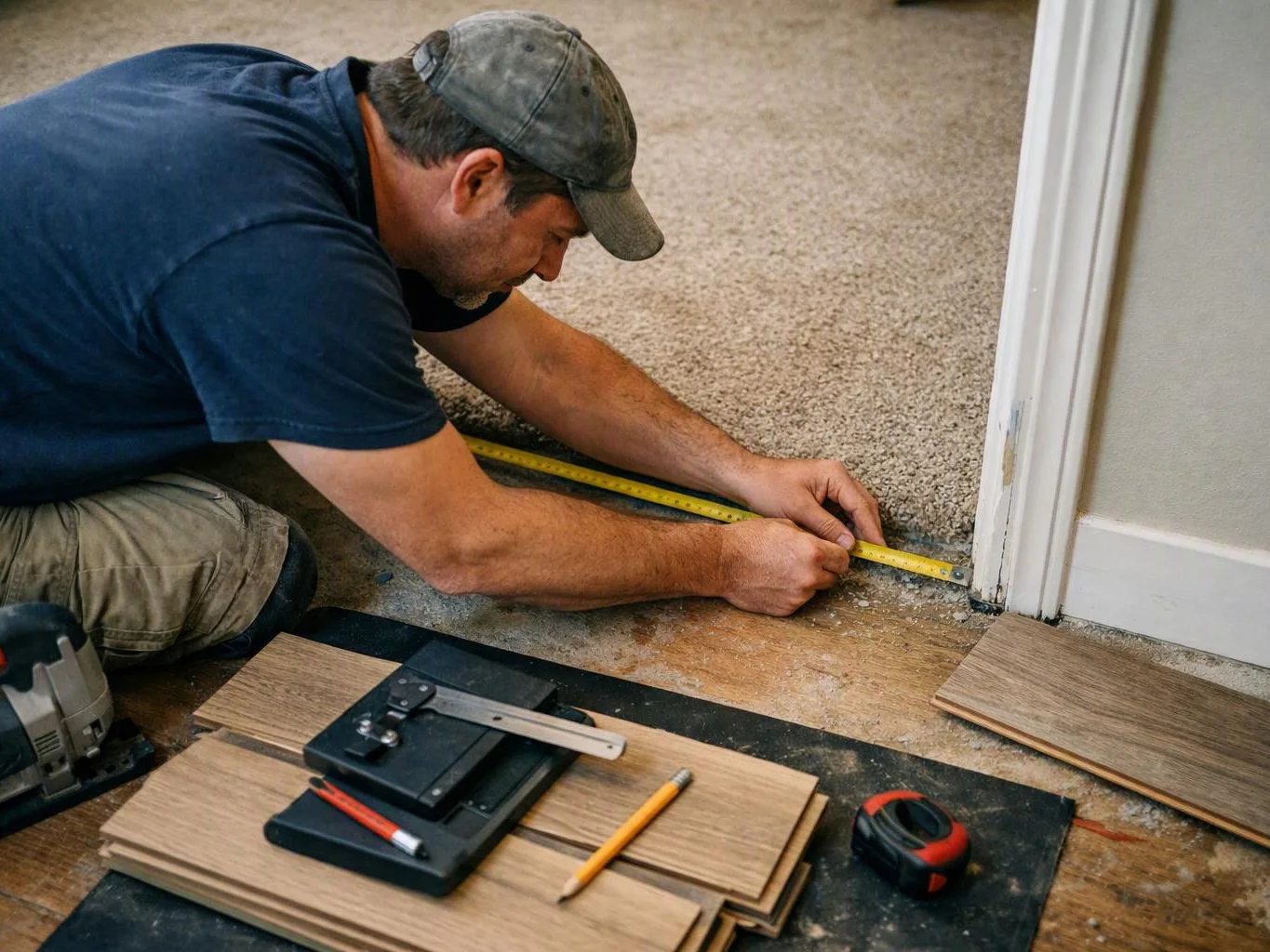 A man kneels on a floor, measuring near a doorway with a yellow tape measure and wood planks nearby