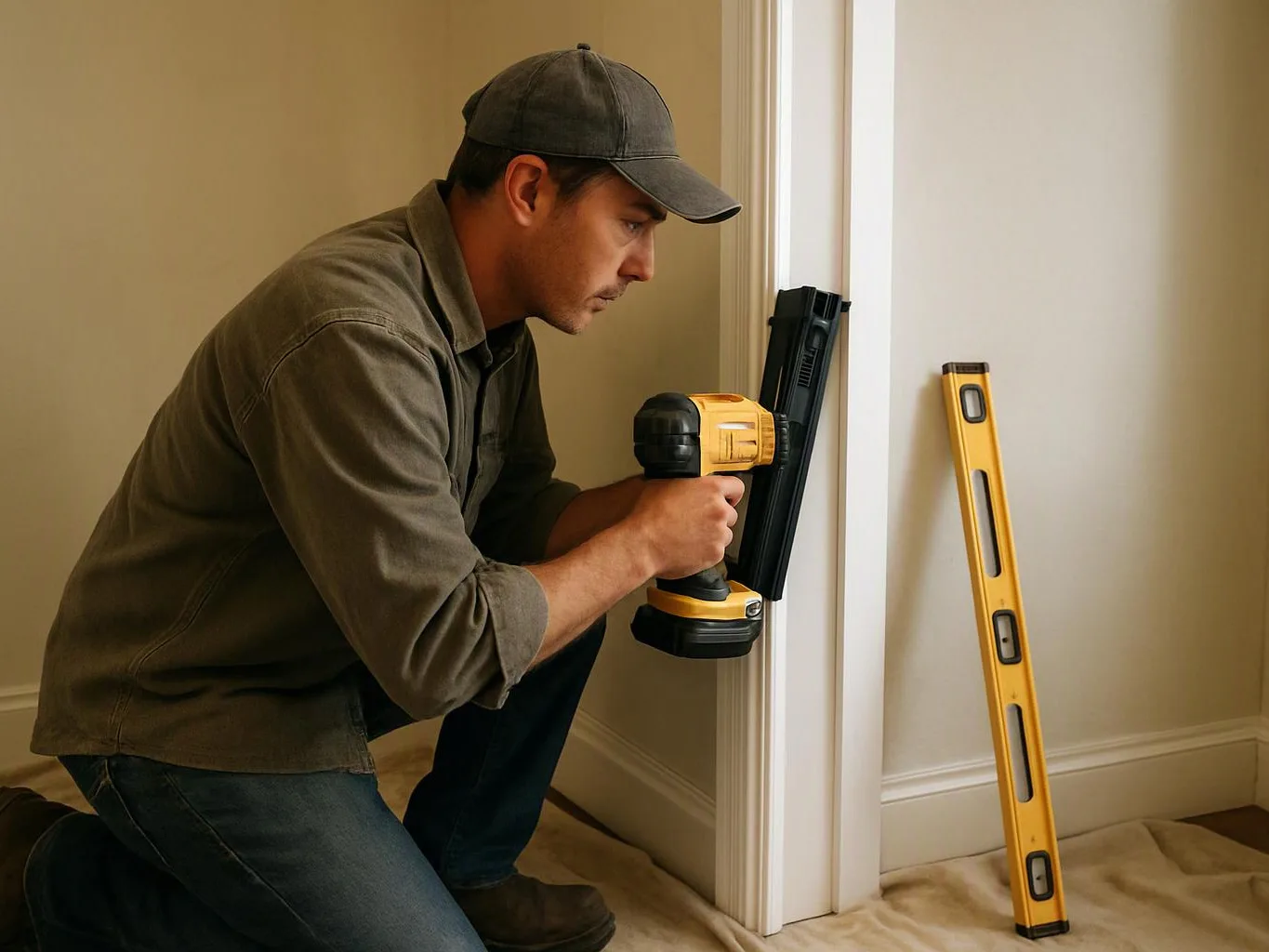 A man kneels indoors, using a yellow drill to attach a black trim piece beside a doorway, with a level nearby