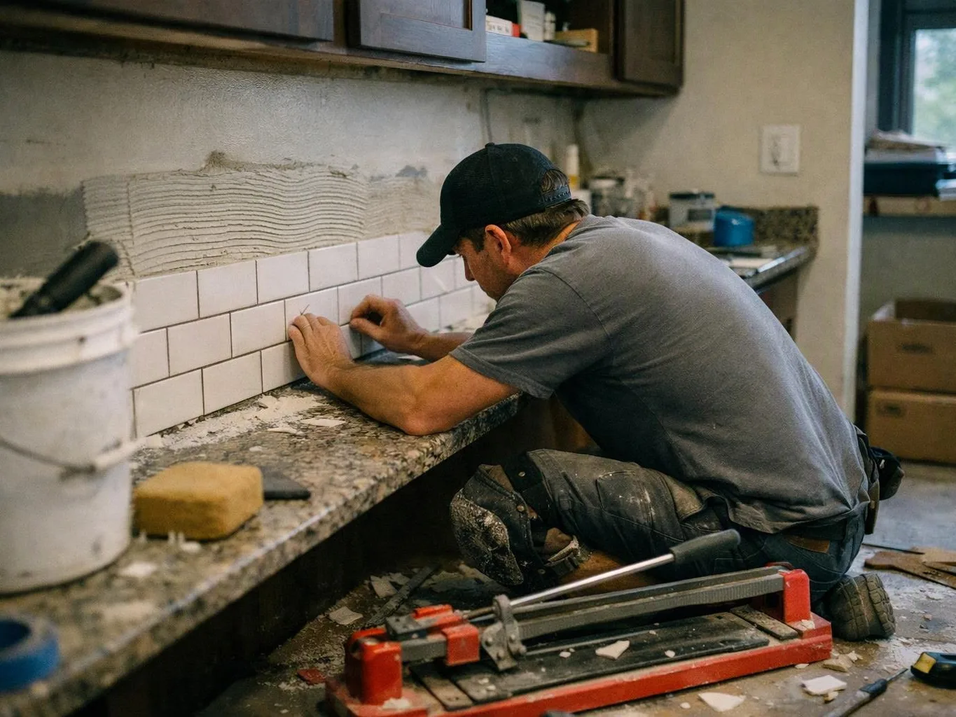 A man kneels in a kitchen, carefully setting white tile along a countertop backsplash