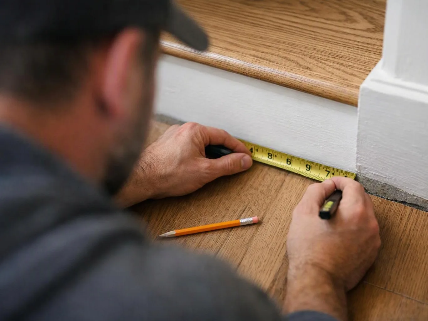 A man kneels by a staircase, measuring the baseboard with a tape measure and pencil