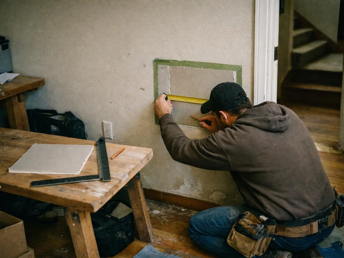 A man kneels by a wall, measuring a taped rectangle with a tape measure in a workshop room