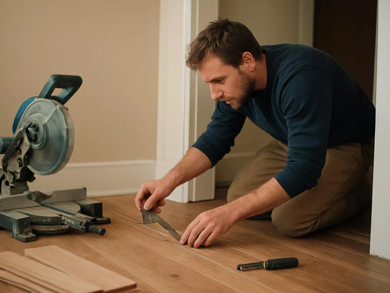 A man kneels on a wooden floor, measuring a plank beside a miter saw in an unfinished room