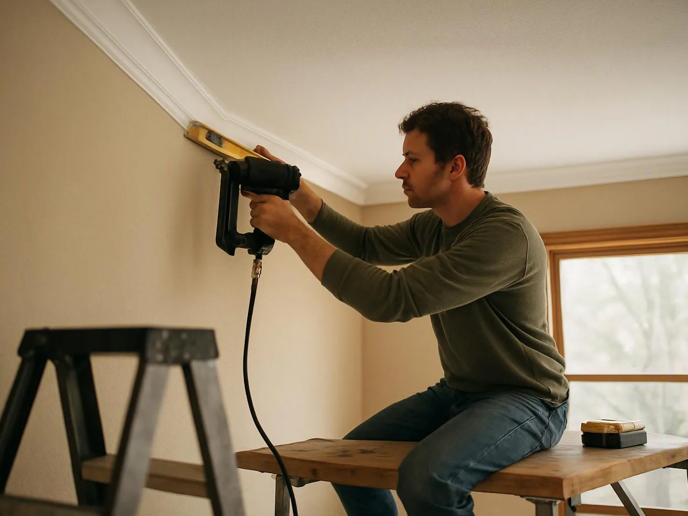 A man kneels on a wooden plank, using a nail gun to fasten trim near the ceiling