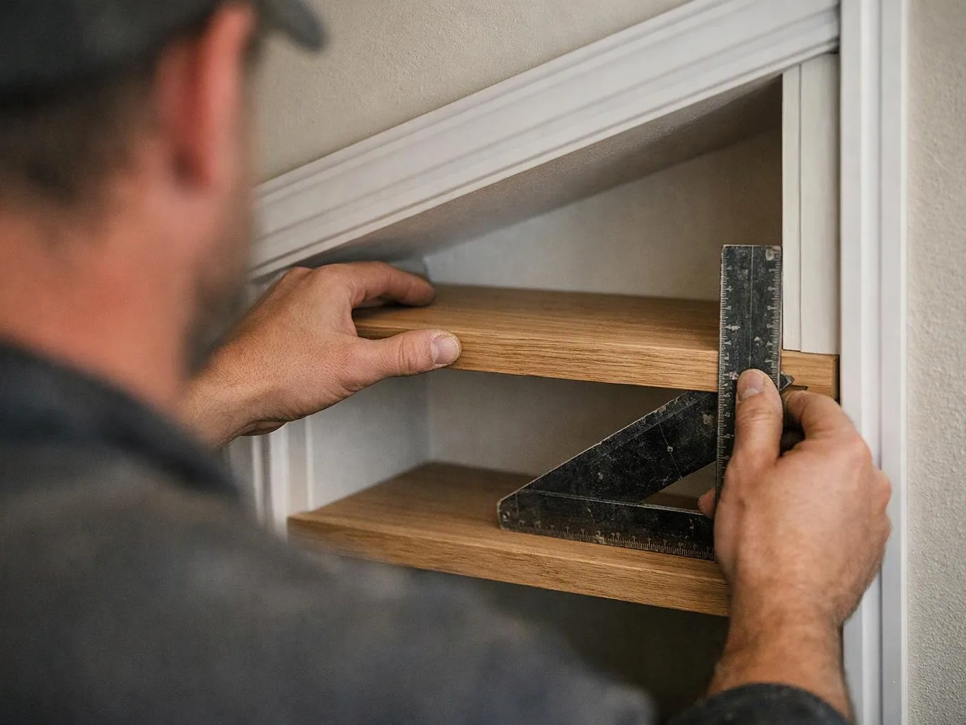 A man measures and adjusts a wooden shelf inside a white wall cabinet