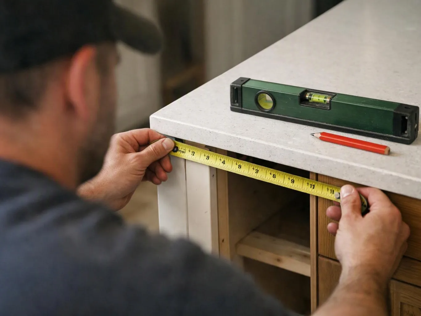 A man measures a cabinet edge with a tape measure while a level and red pencil rest on the countertop