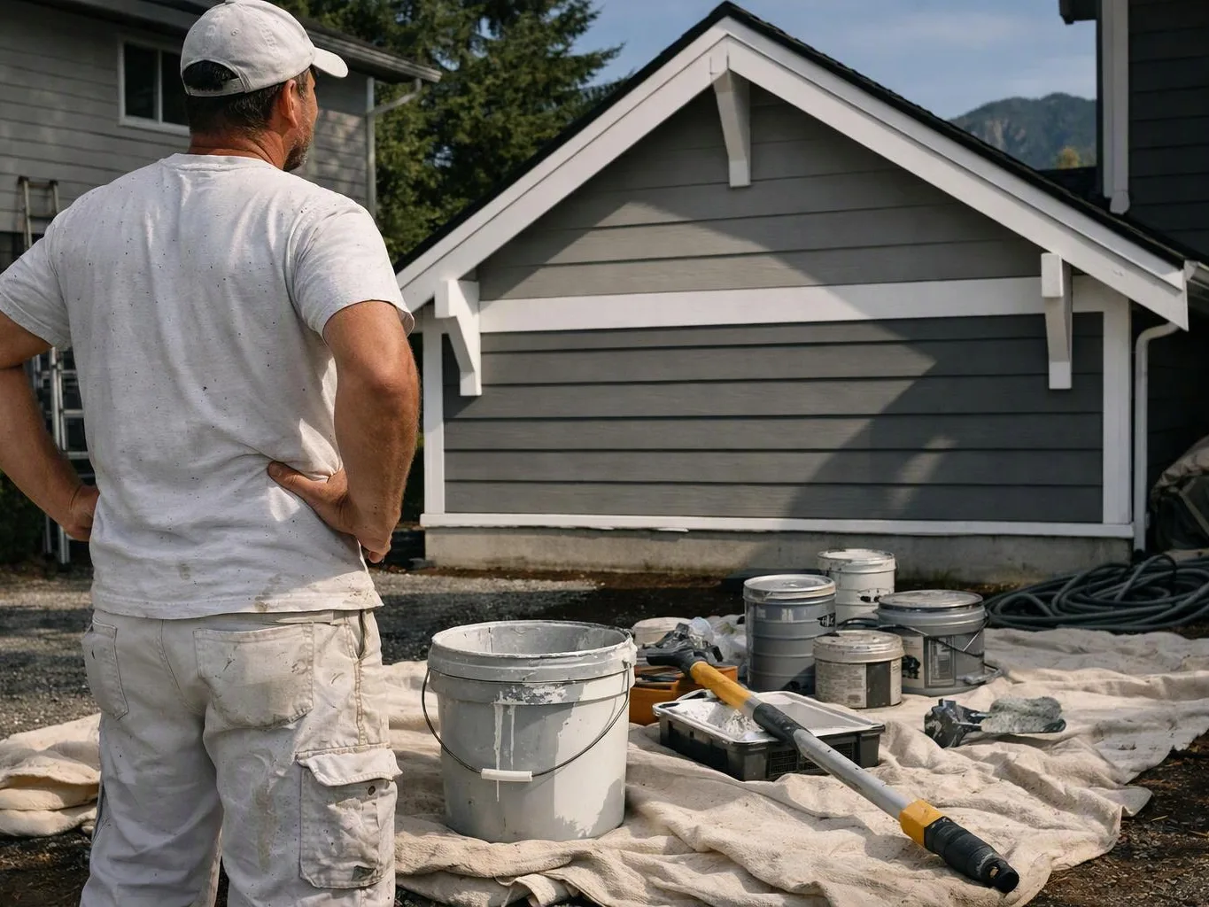 A man in a paint-splattered shirt stands beside buckets and tools in front of a gray house exterior