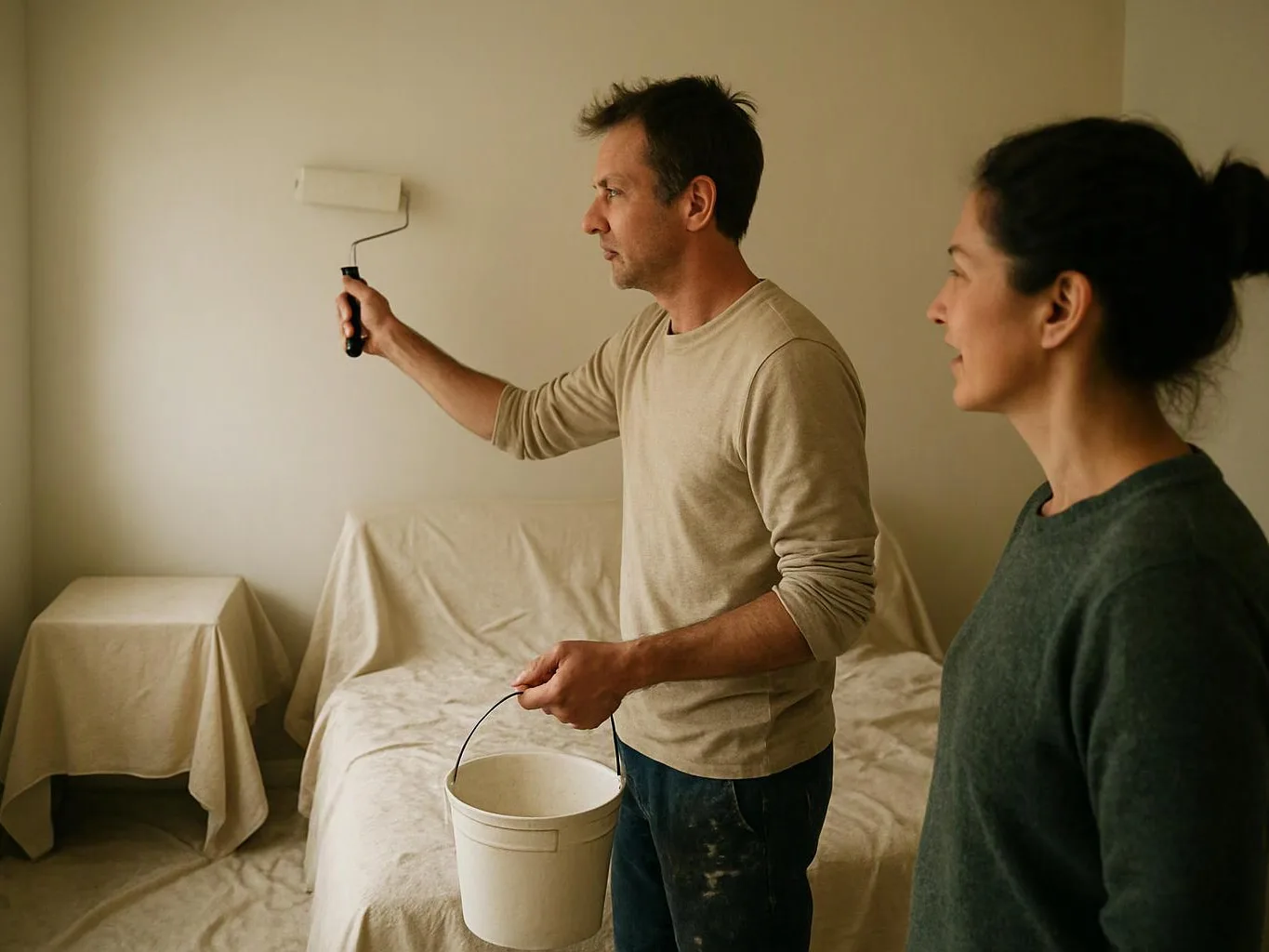A man paints a wall with a roller while holding a bucket, and a woman watches in a covered room