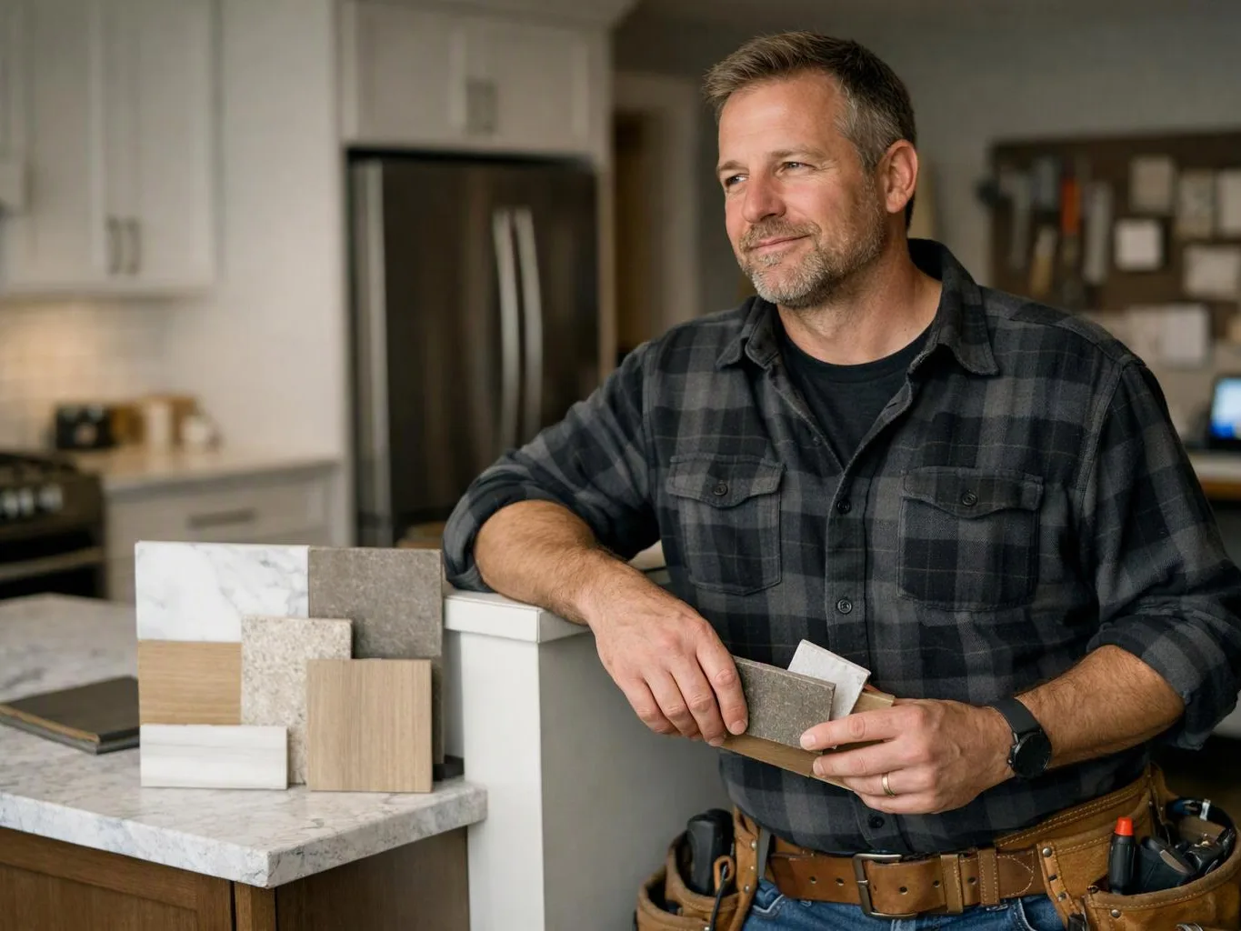 A man in a plaid shirt stands in a kitchen, holding tile samples beside a counter display