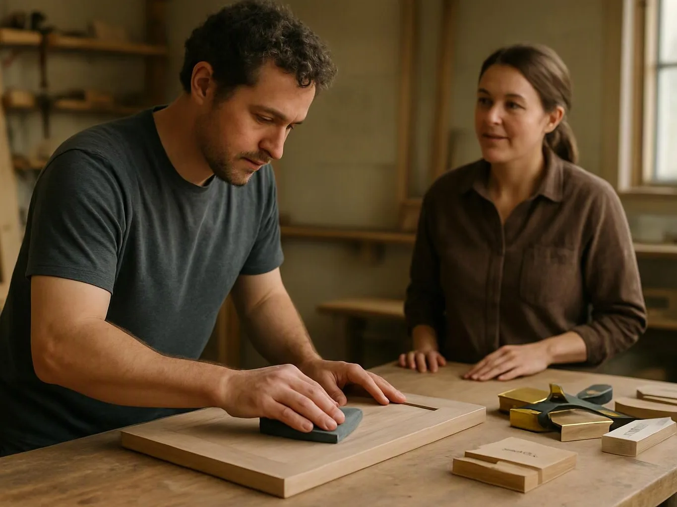 A man sands a wooden board while a woman watches beside him in a workshop