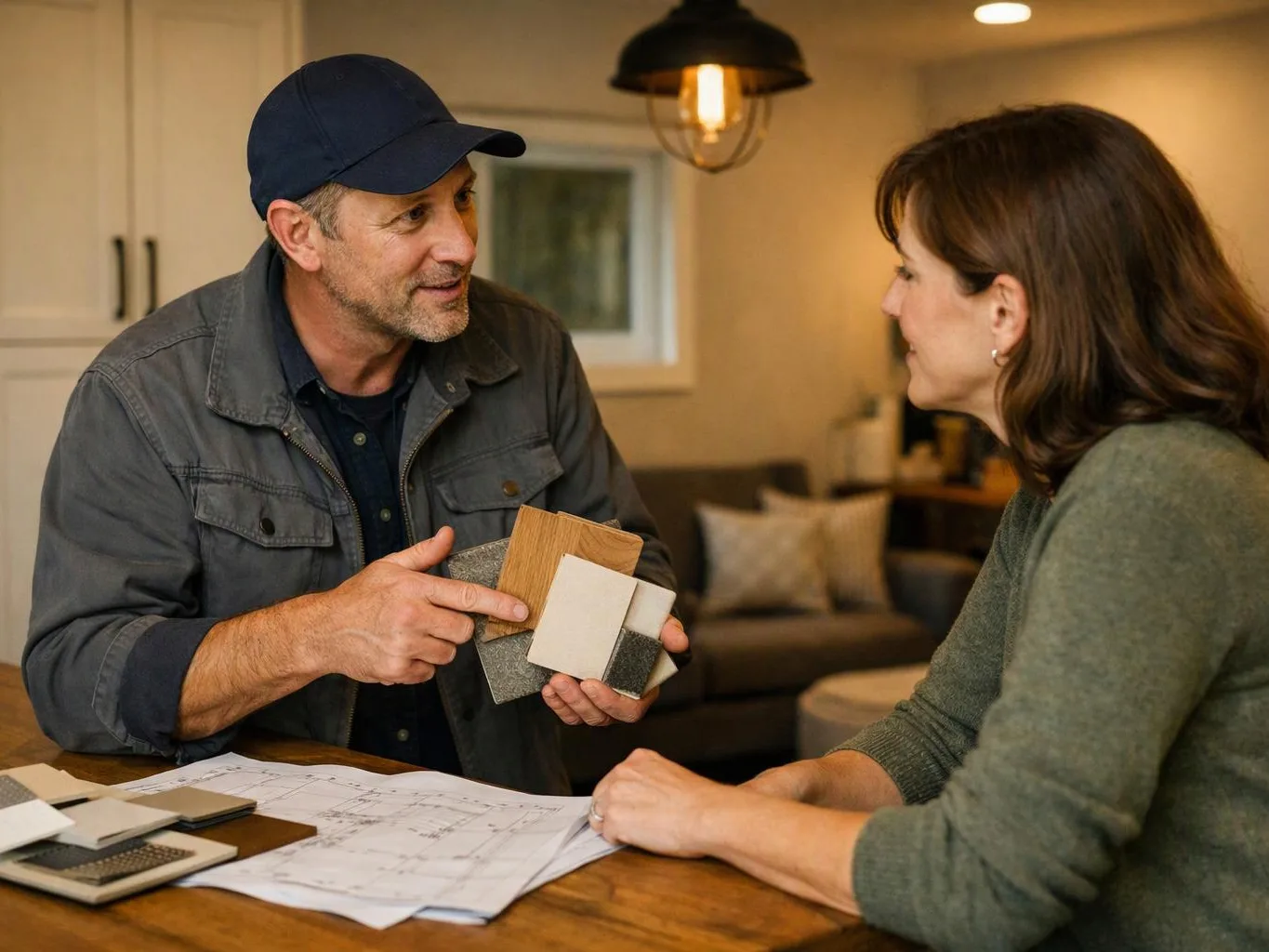 A man shows fabric and wood samples to a woman at a kitchen table with floor plans