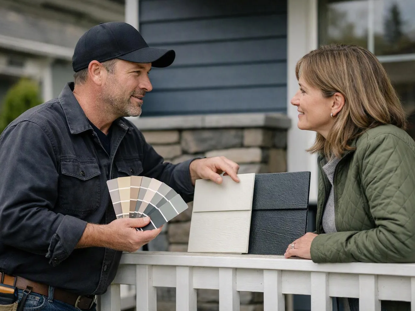 A man shows paint color swatches to a woman beside a porch railing outdoors