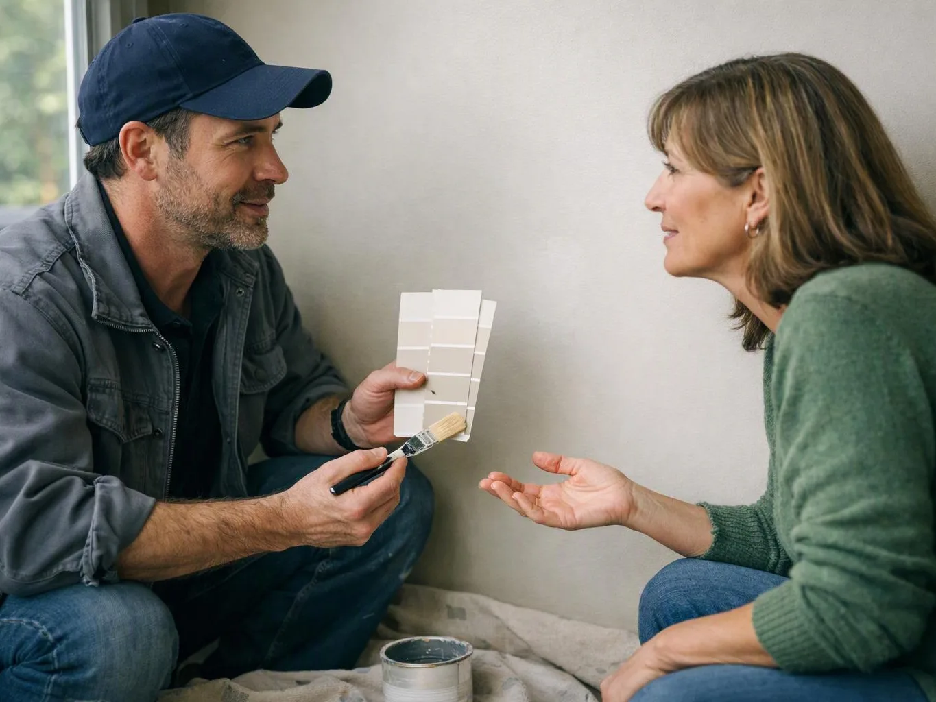 A man shows paint swatches to a woman while they crouch beside a wall inside a room