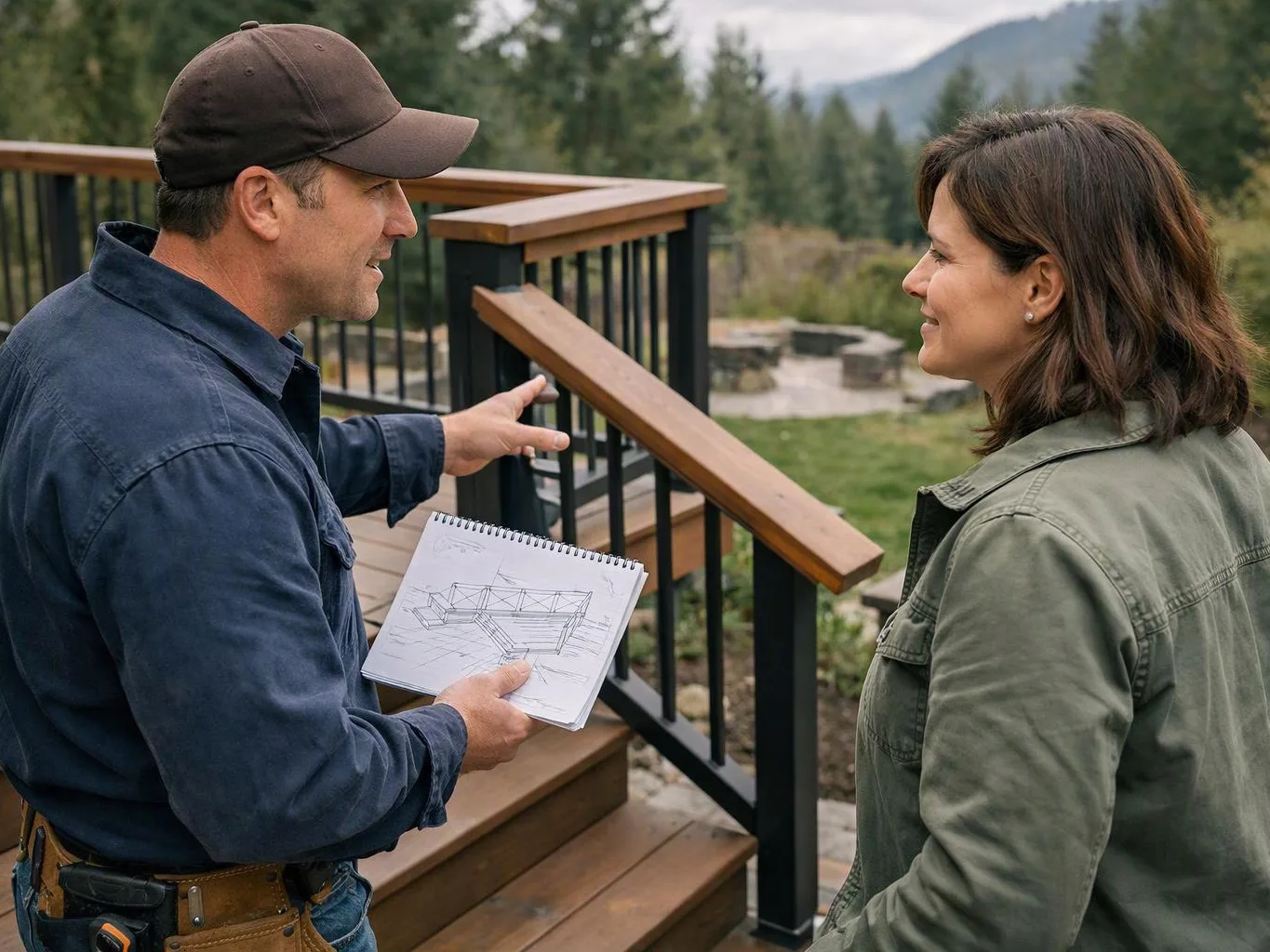 A man shows a sketchbook to a woman beside outdoor stairs with mountains behind them