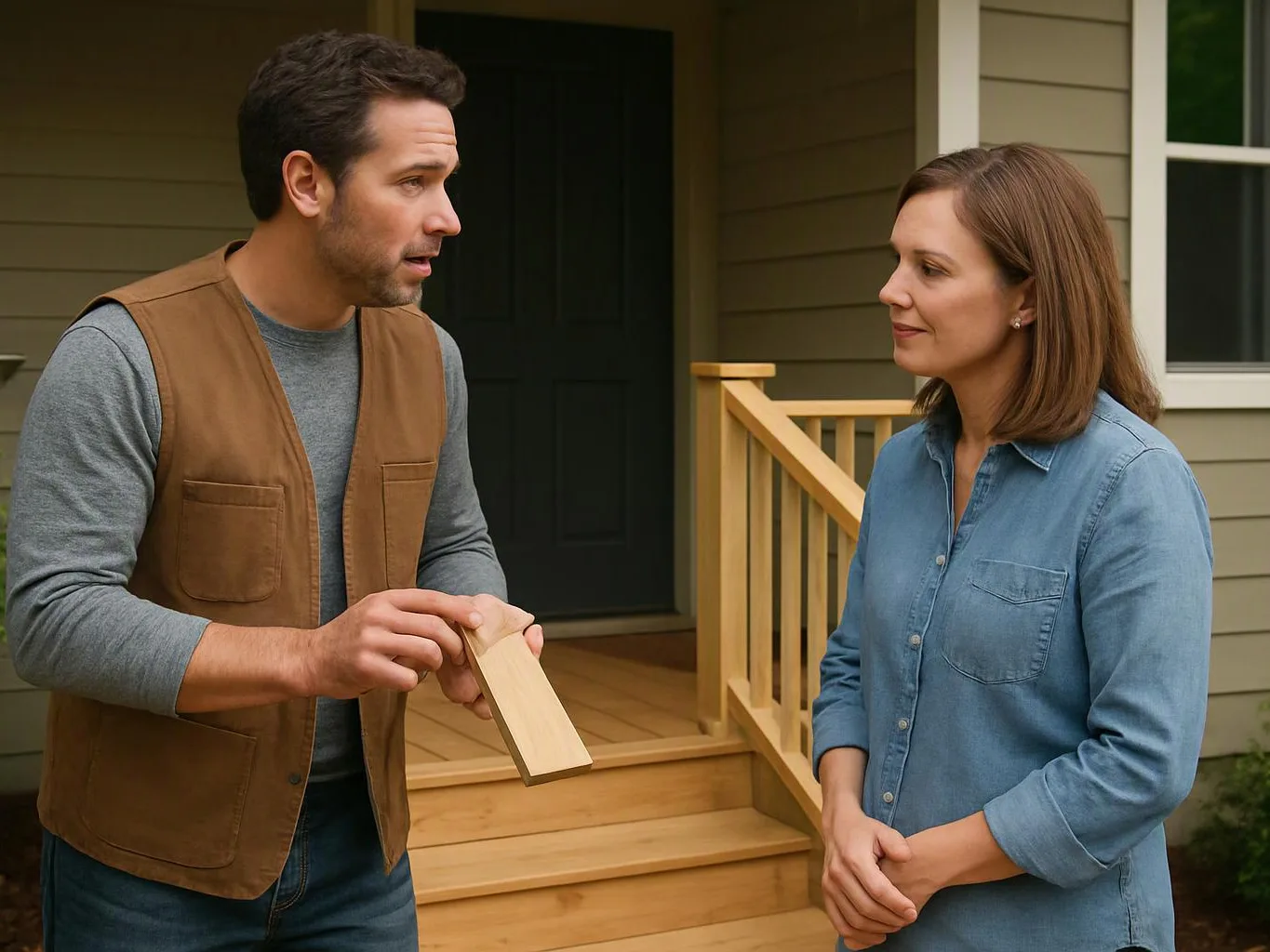 A man shows a woman a small wood sample while they stand on a front porch