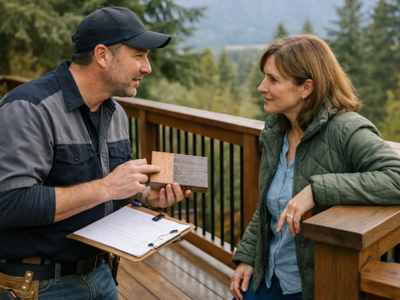 A man shows wood samples to a woman on a wooden deck with forested hills behind them