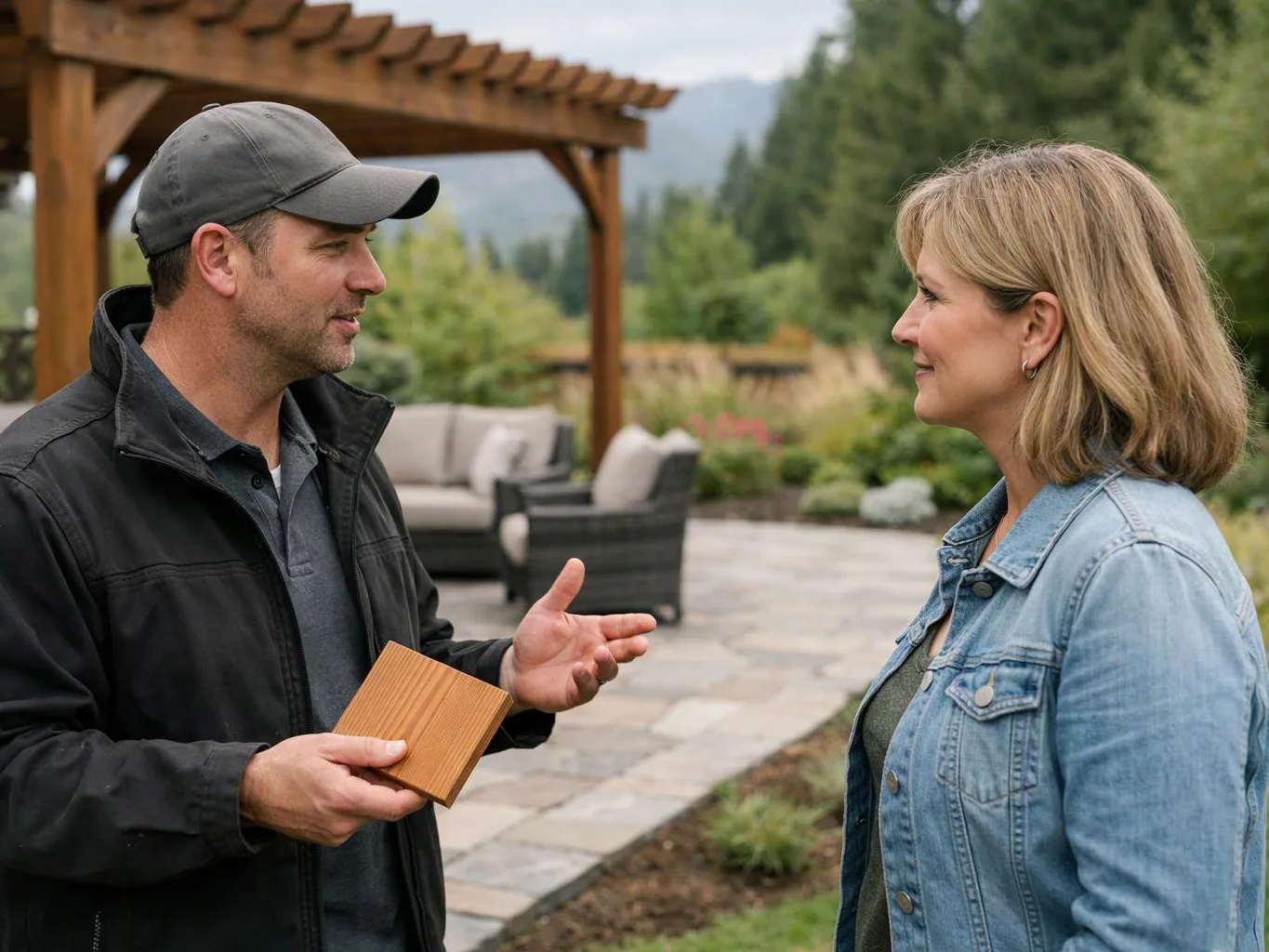 A man shows a wooden sample to a woman in a garden patio with pergola seating and trees