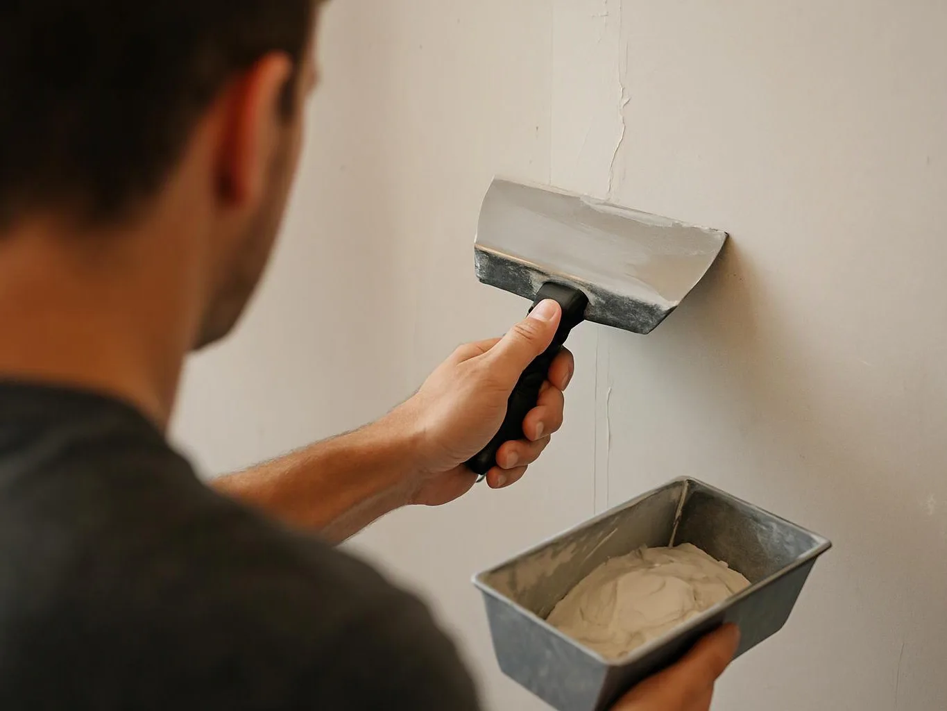 A man spreads plaster on a cracked wall with a putty knife while holding a metal tray of compound