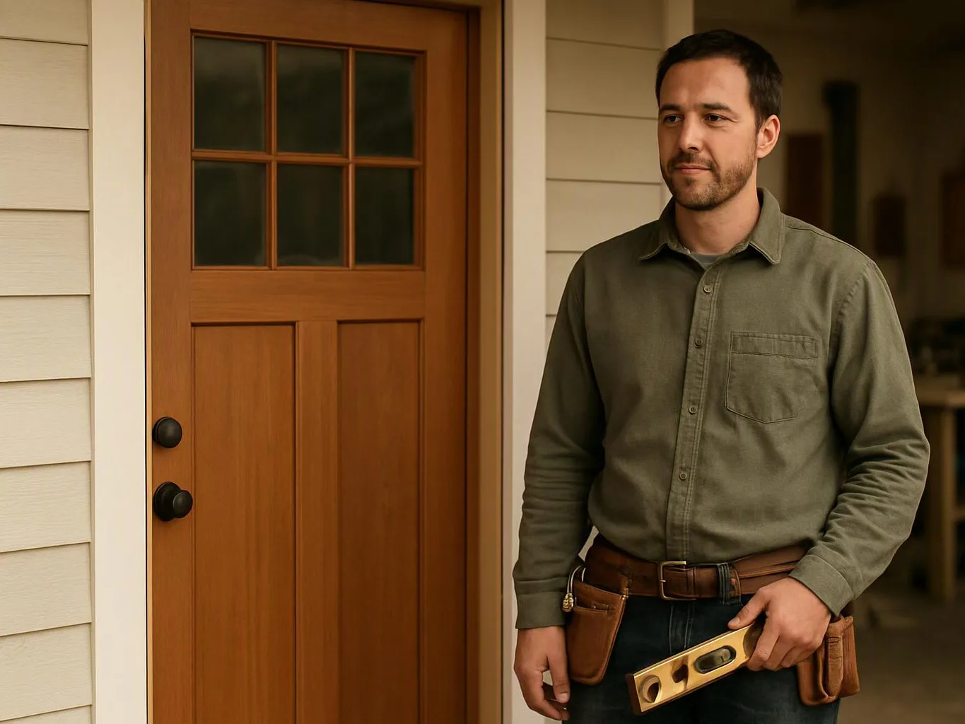 A man stands beside a wooden front door, holding a level and wearing a tool belt on a porch