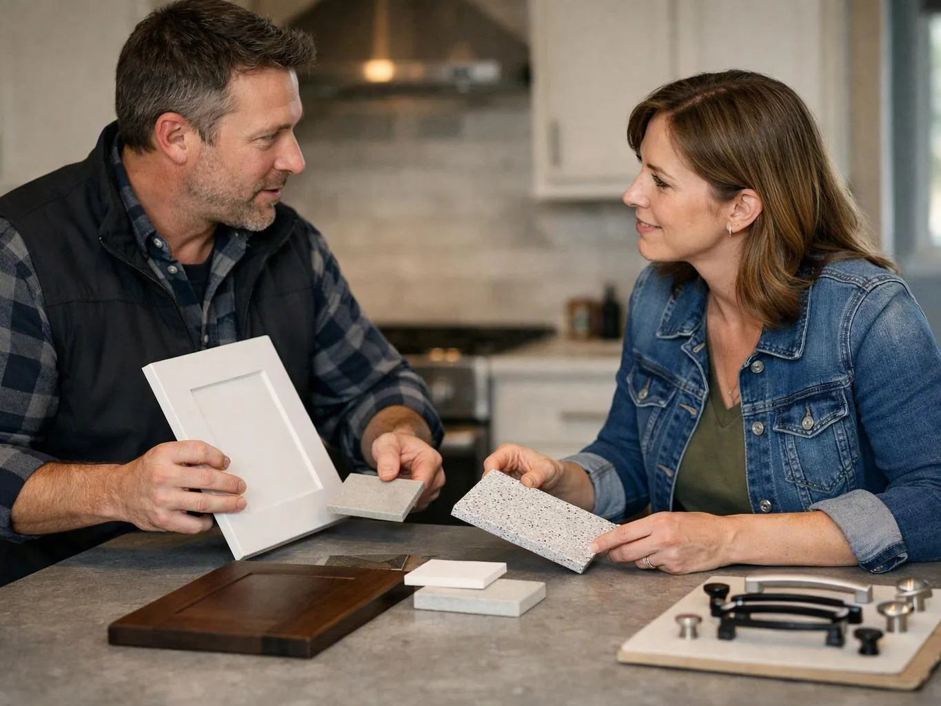 A man and woman compare cabinet samples and hardware at a kitchen counter