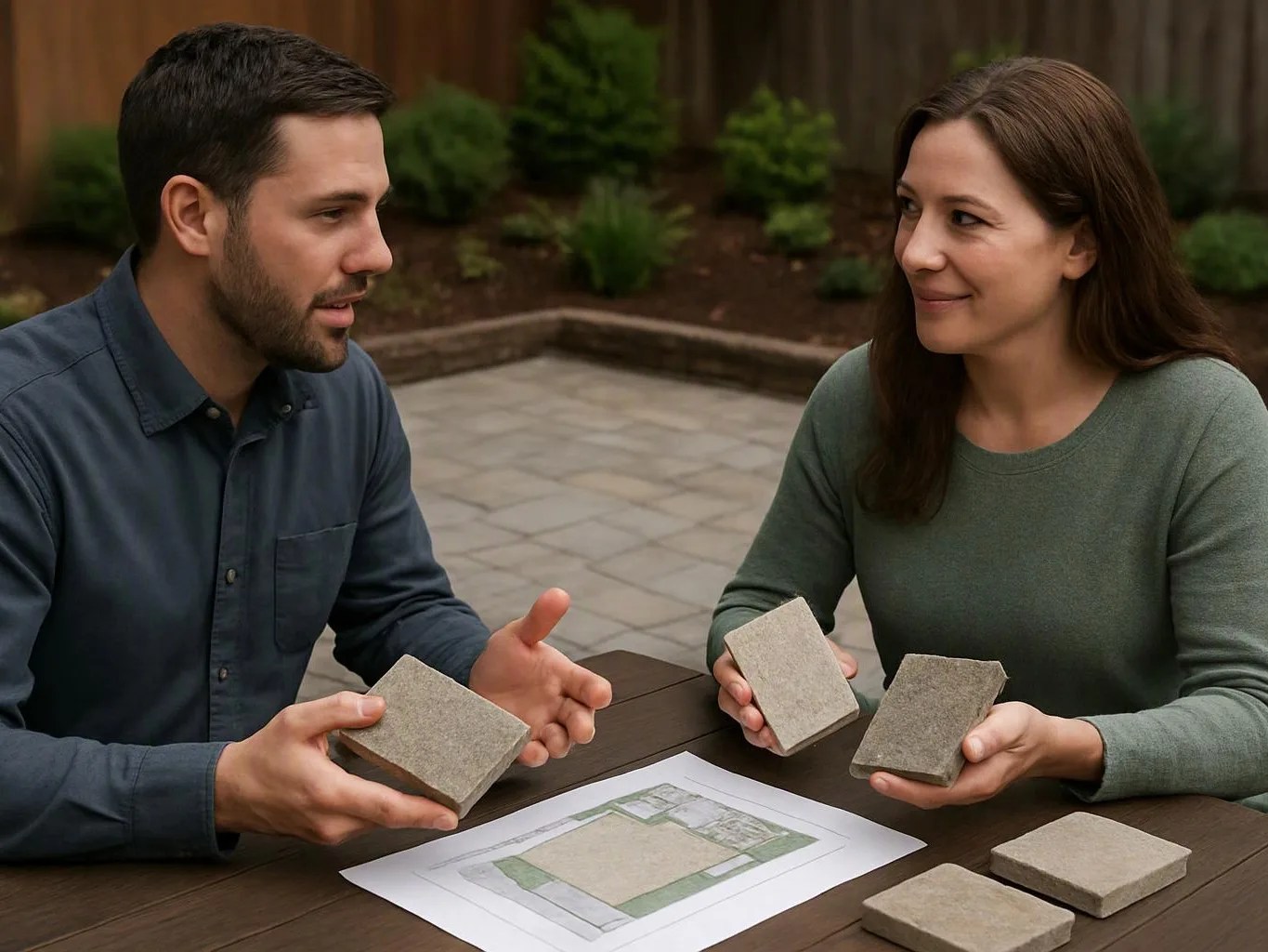 A man and woman compare paving samples over a plan at an outdoor table