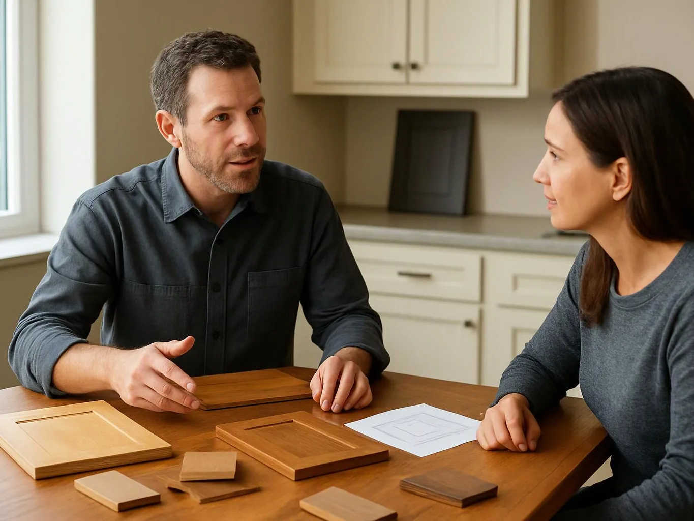 A man and woman discuss wood cabinet samples and a sketch at a table in a bright kitchen
