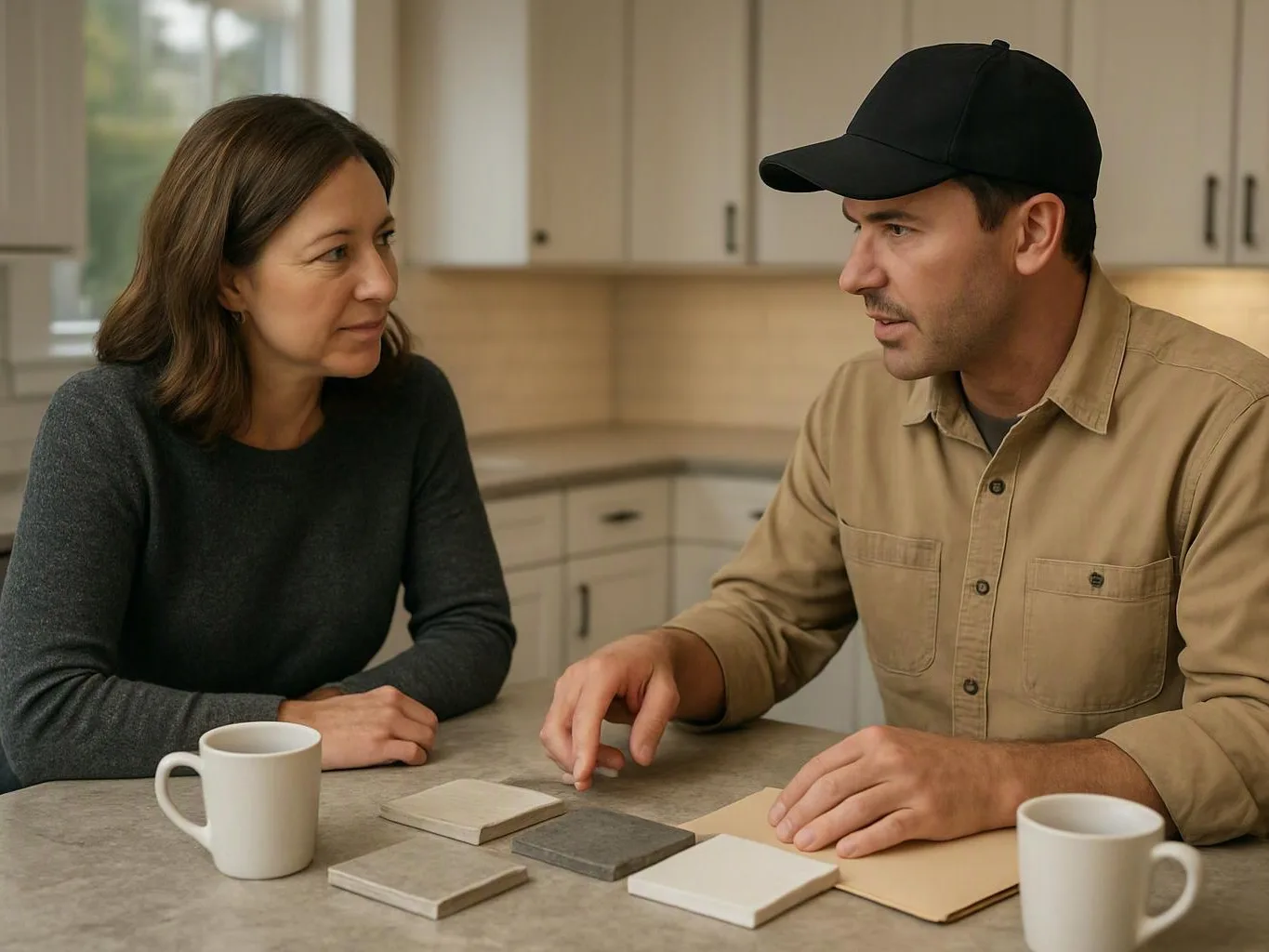 A man and woman talk at a kitchen counter with sample tiles, notebooks, and two white mugs
