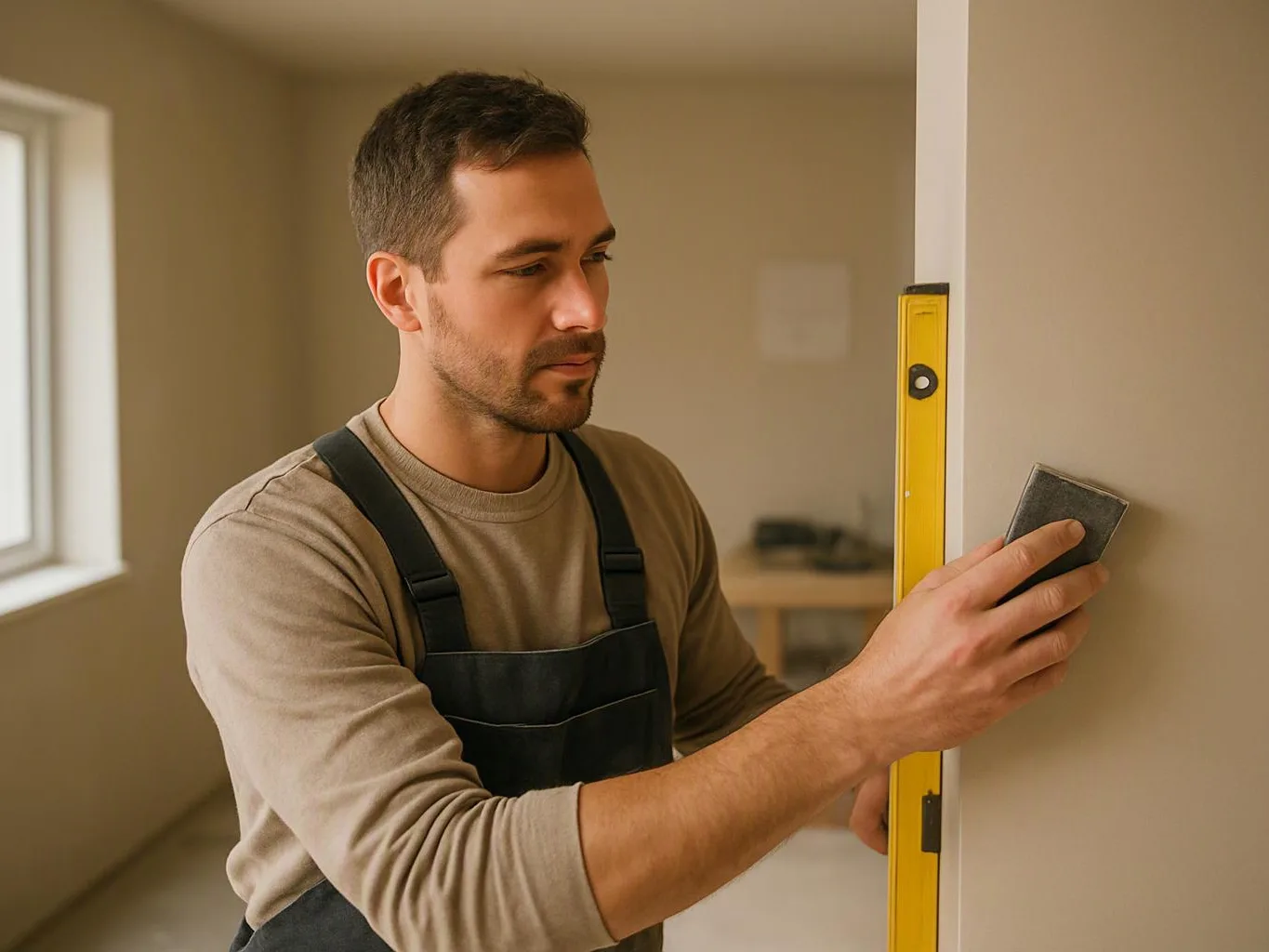 A man in work overalls sands a wall beside a yellow level in a bare room