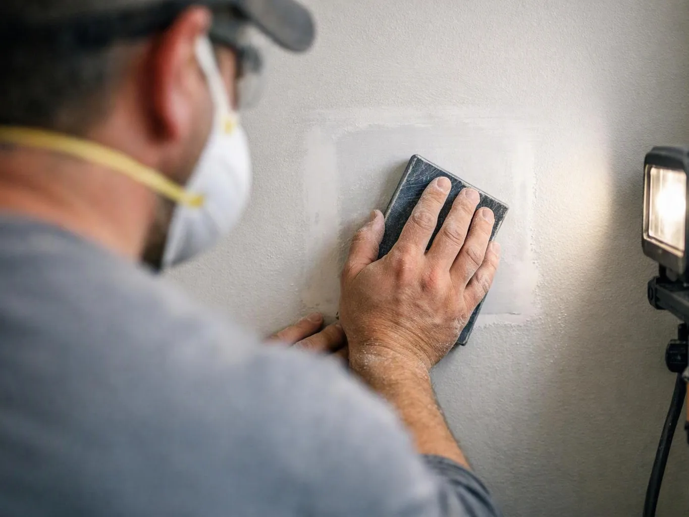 A masked worker sands a wall patch with a hand block beside a bright work light