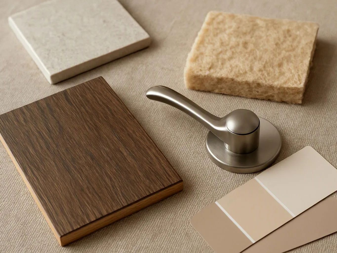 A metal door handle sits among wood, stone, and carpet material samples on a beige fabric surface
