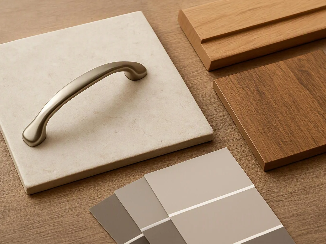 A metal handle sits on a white sample tile beside wood and beige material swatches on a table