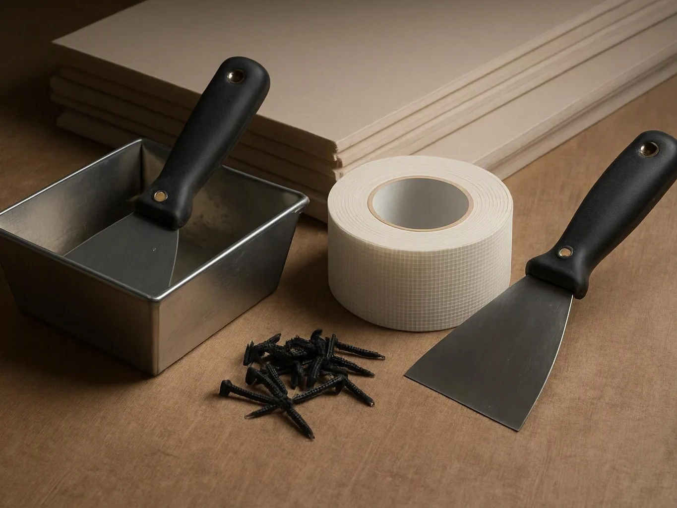 A metal tray, two putty knives, a roll of white tape, black screws, and stacked boards sit on a work surface