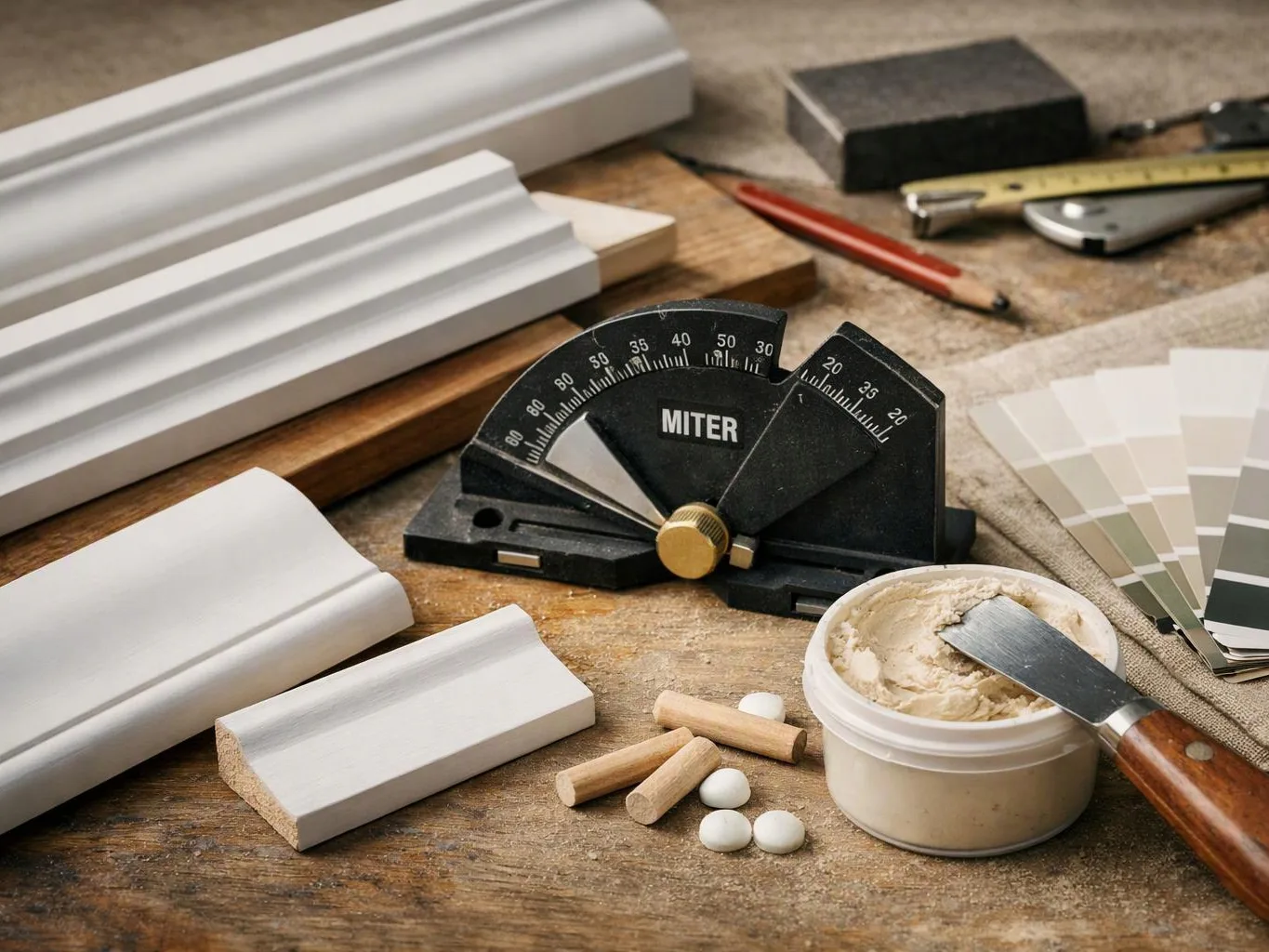 A miter gauge sits among molding samples, paint chips, a putty tub, and hand tools on a workbench