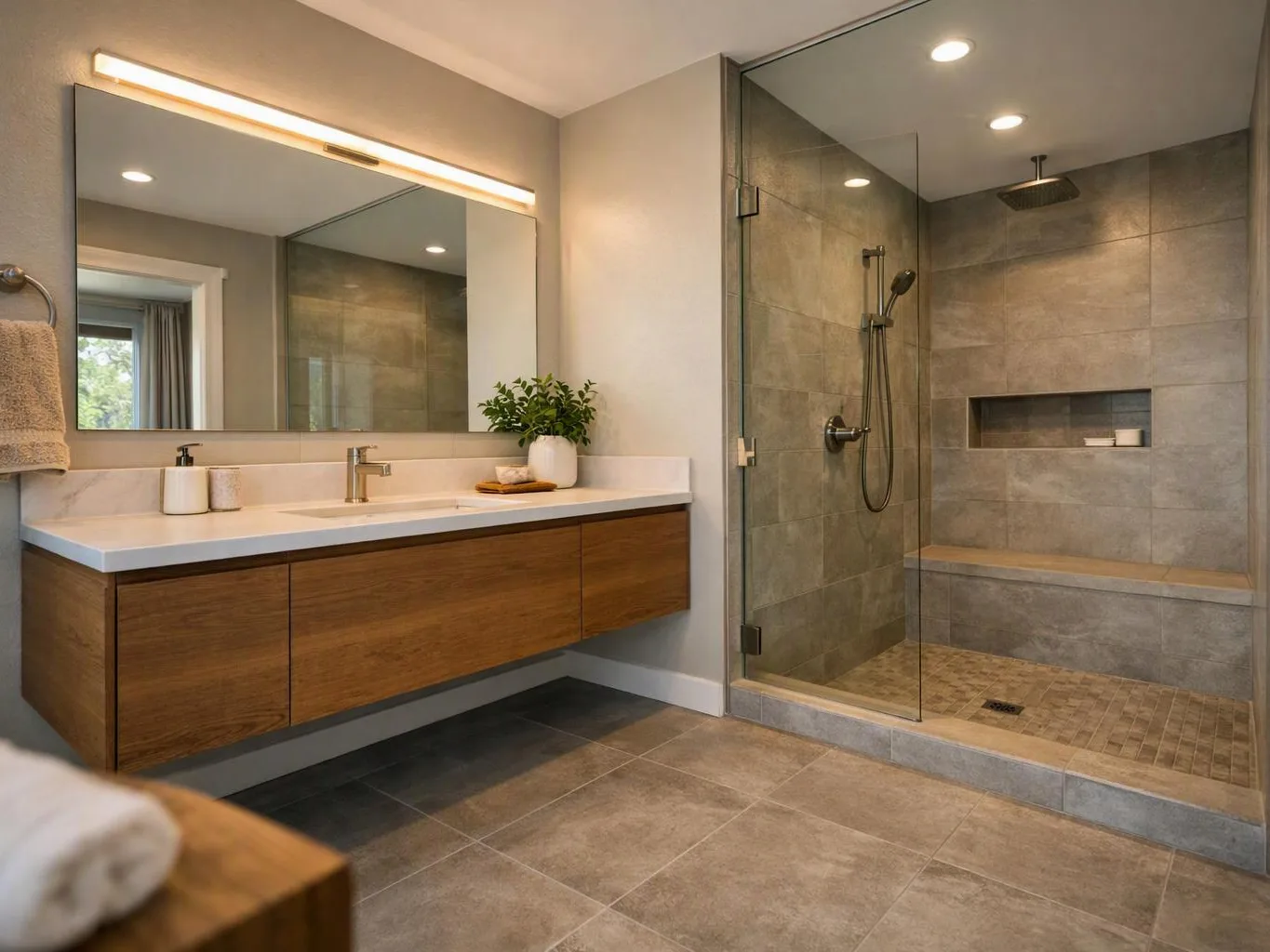 A modern bathroom shows a floating wood vanity, large mirror, and glass shower with gray tile walls