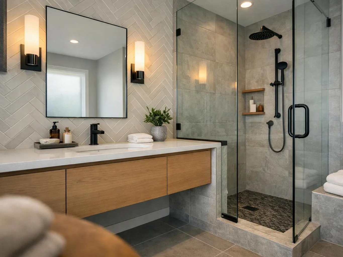 Modern bathroom with a wood vanity, black fixtures, large mirror, and glass shower with gray tile walls