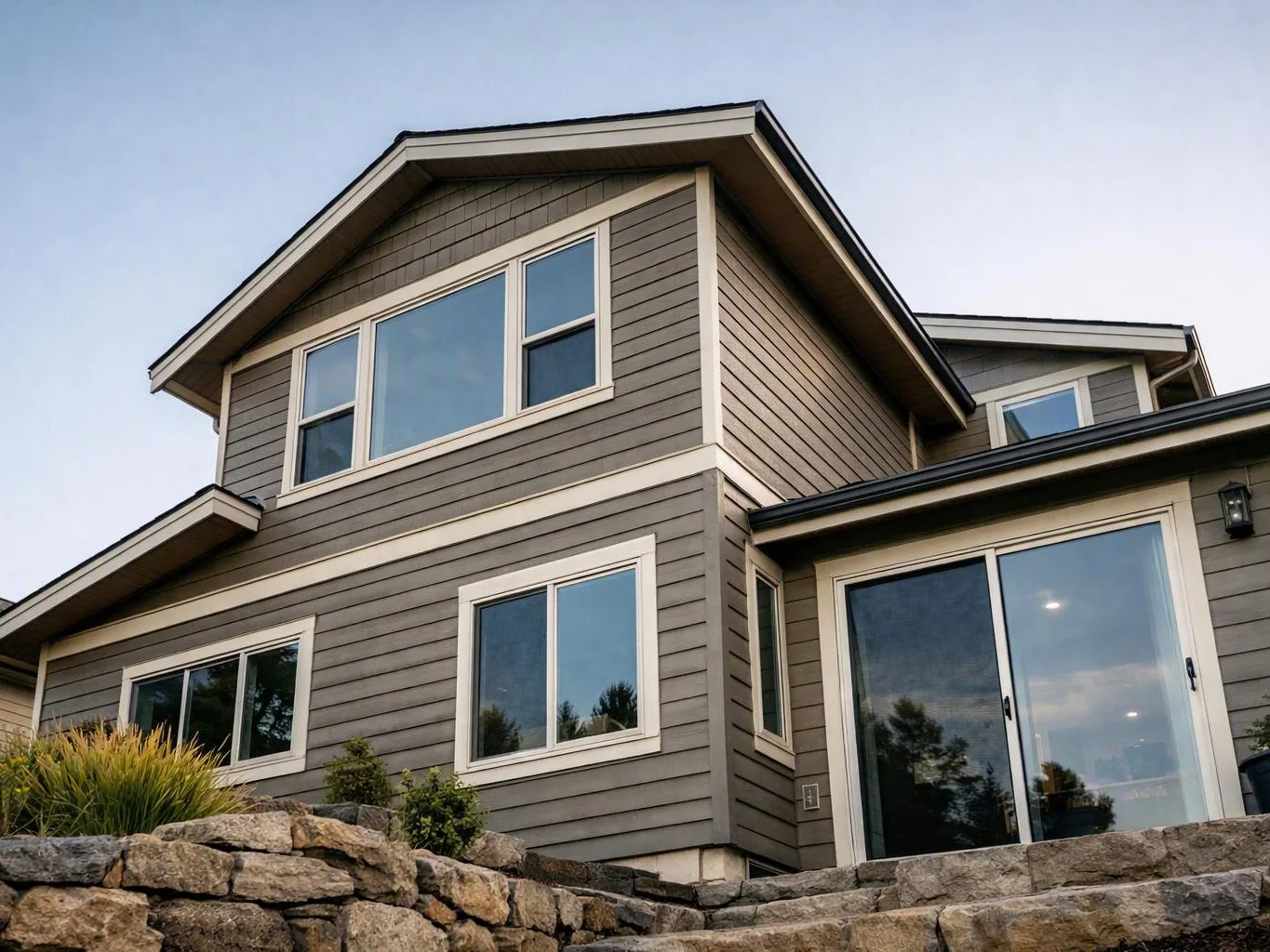 A modern gray house with white trim and large windows sits behind a stone retaining wall and steps