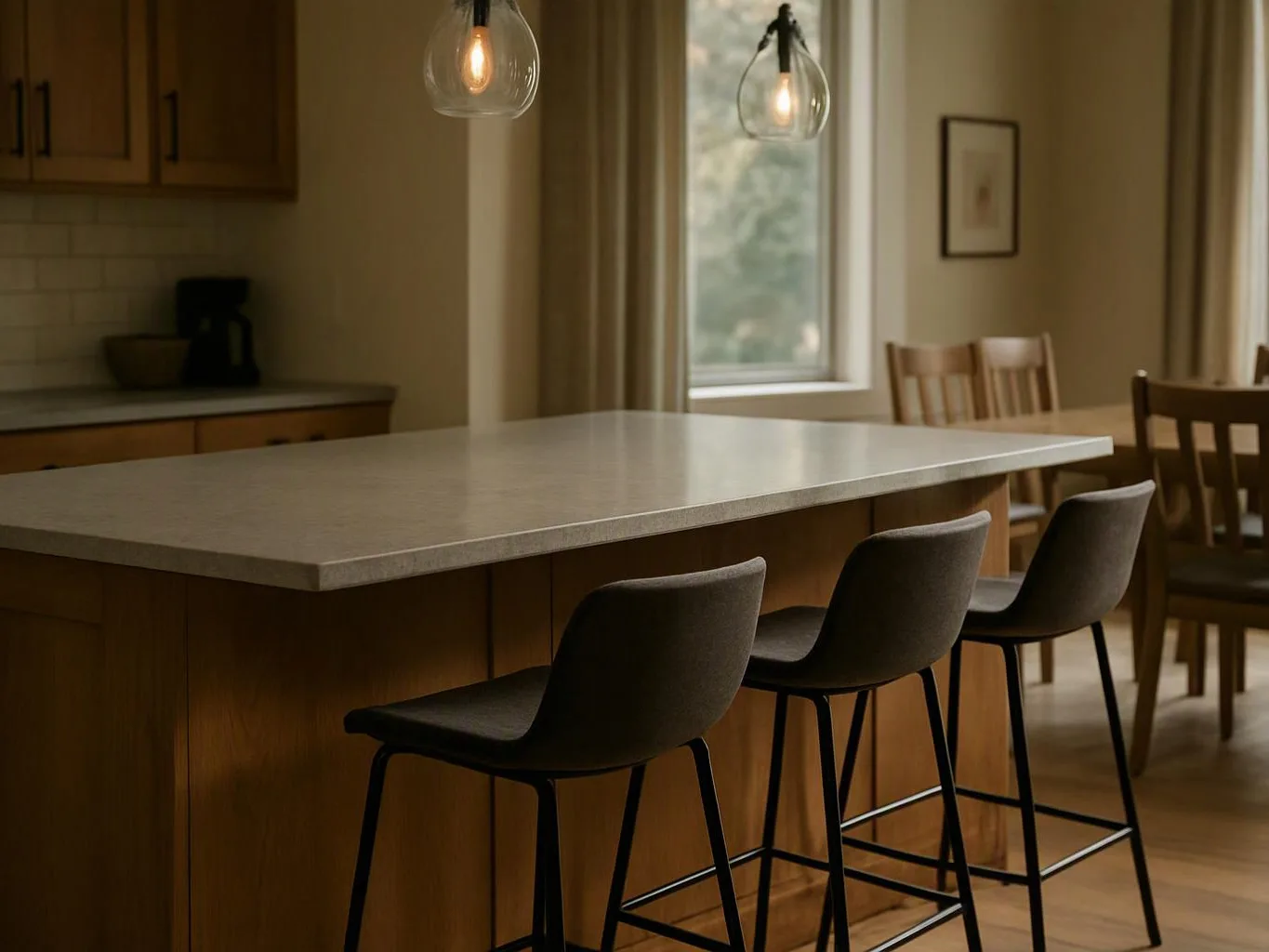 A modern kitchen with a large island, three bar stools, hanging lights, and a dining table by the window