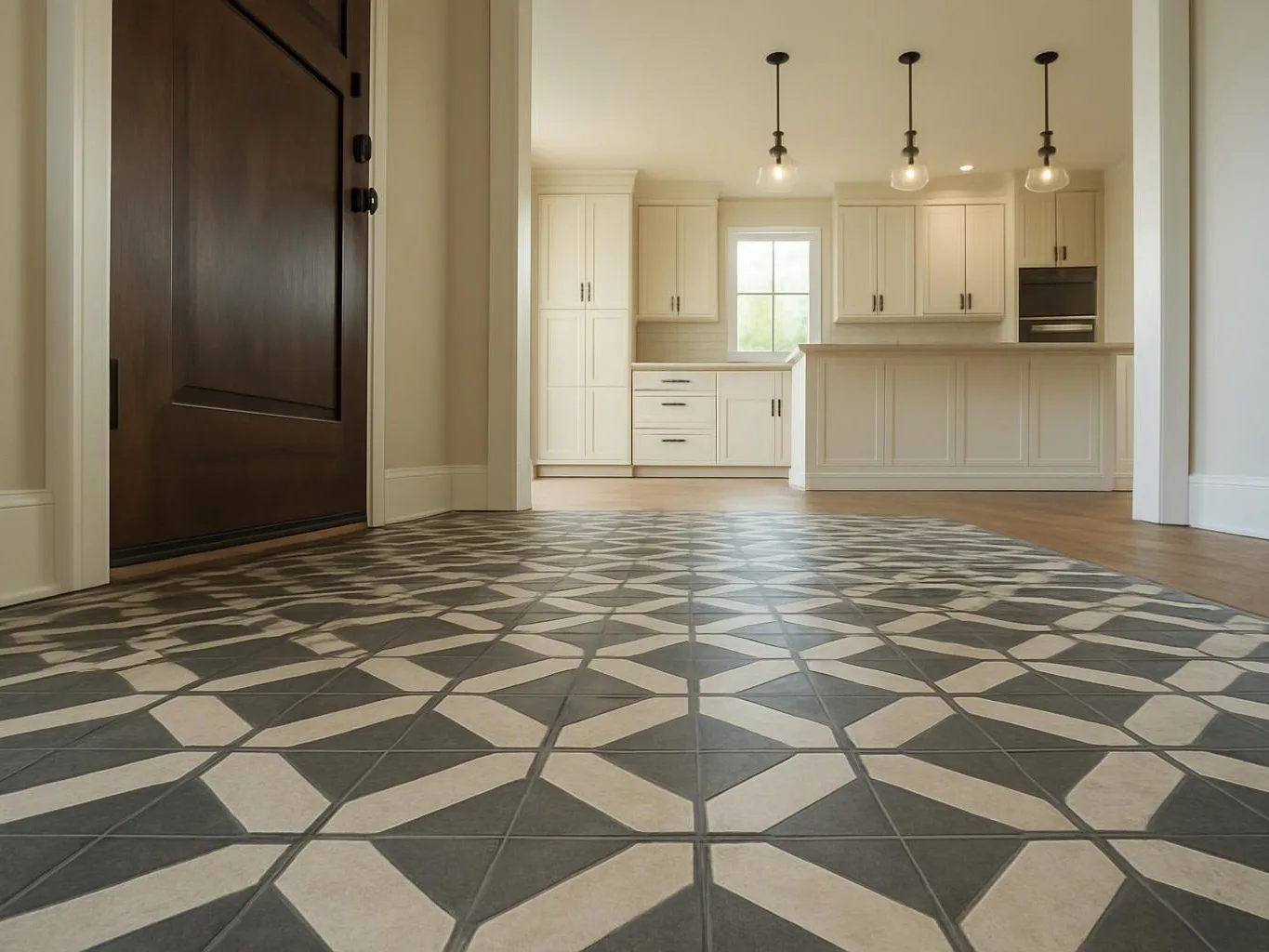 A modern kitchen opens beyond a dark wood door, with patterned tile flooring and three pendant lights above the island