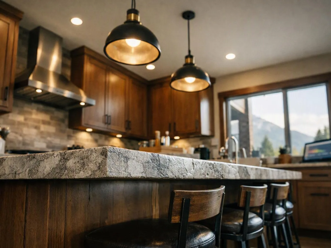 A modern kitchen with wood cabinets, granite island, black pendant lights, and stools by a window
