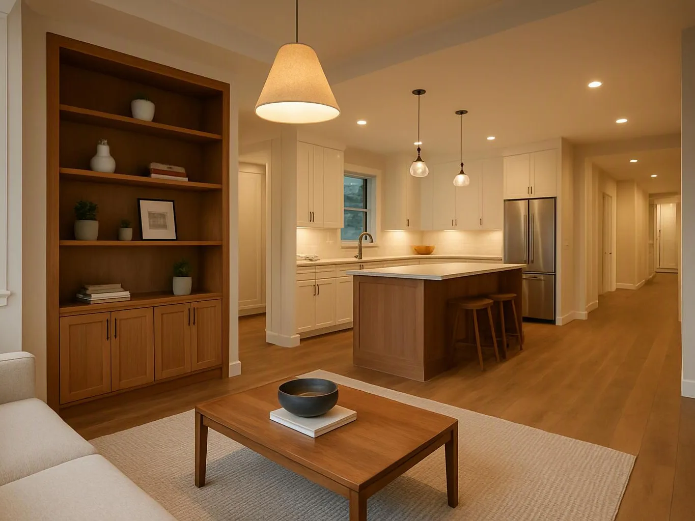 A modern open-plan room shows a kitchen, built-in shelves, and a coffee table with warm wood floors and soft lighting